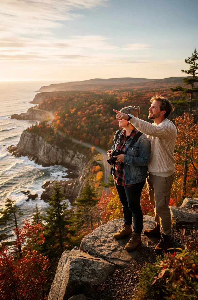 Scenic overlook of a coastal area during golden hour, emphasizing location availability and timing.